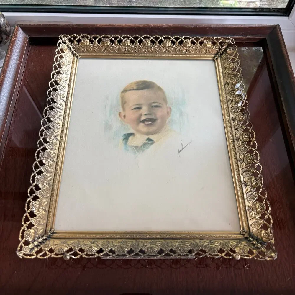 Vintage Signed Baby Portrait Drawing in Gold Tone Rose Filigree Frame